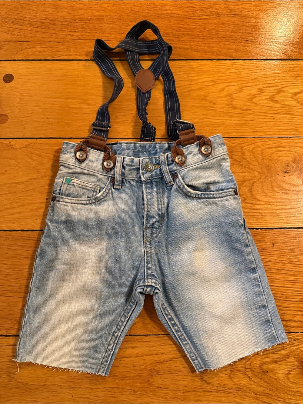 H&M Light Blue Denim Shorts with Navy Suspenders
